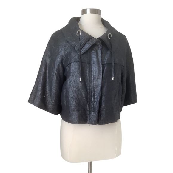 $198 Sandro  Linen Blend Metallic Cropped Swing Moto Jacket M - Picture 1 of 16